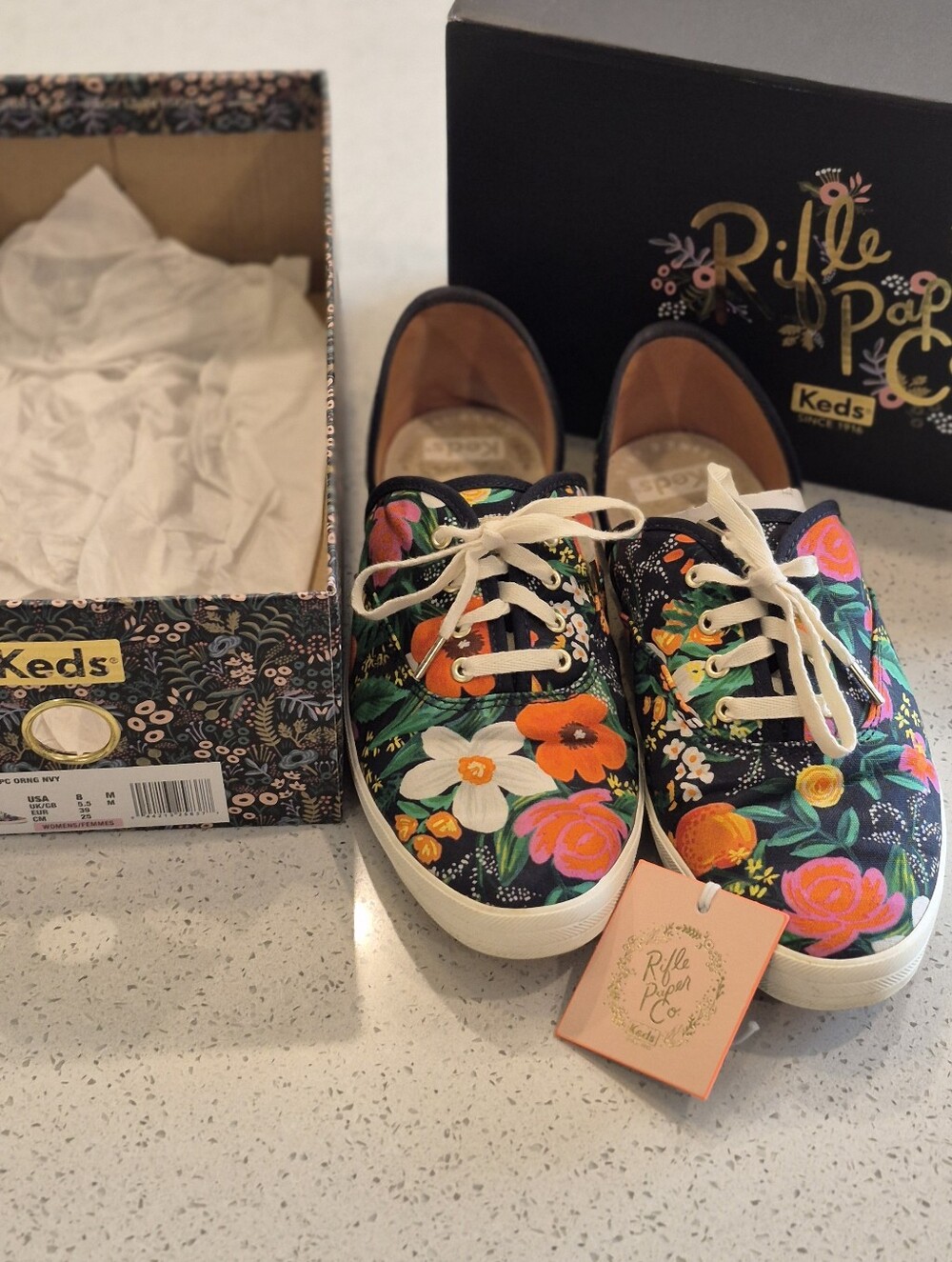 Keds and Rifle Paper Co.  Floral SlipOn Sneakers. Womens Size 8. Chambray Daisy.